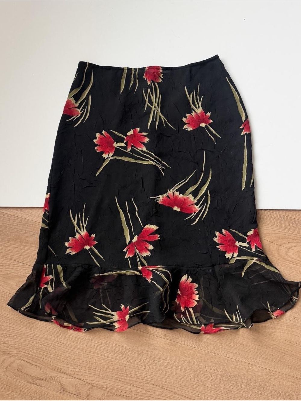 Y2K Black Floral Skirt Medium Slip Midi Ruffle Fairycore Chiffon Vintage - Picture 2 of 5